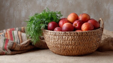 Aufkleber - A woven basket filled with ripe peaches and vibrant herbs rests on a rustic burlap surface, showcasing the beauty of a bountiful harvest during autumn