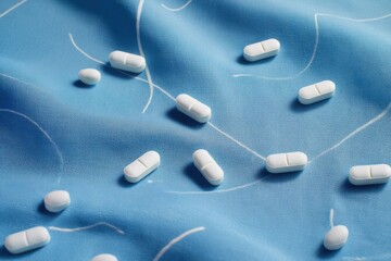 Fototapete - Soft Minimalist Still Life of White Pills Scattered on Blue Fabric With Delicate Lines and Curves in Morning Light Generative AI