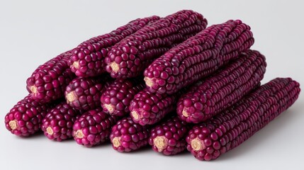 Poster - A stack of deep purple corn cobs reveals intricate textures and kernels, isolated on a plain background with ample copy space for creative uses in food marketing