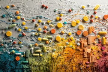 Poster - Surreal Collage Depicting Bacteria Entangled Among Vibrant Medication Capsules and Prescriptions on Textured Canvas Generative AI