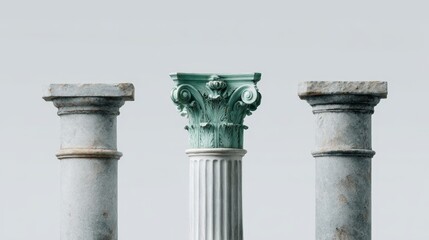 Fototapete - Three elegant stone columns stand proudly, featuring emerald-green capitals that add a touch of sophistication against a soft gray background, ideal for design projects