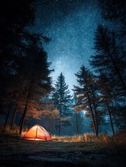 Aufkleber - Glowing Tent Under the Starry Sky in a Tranquil Forest at Night Generative AI