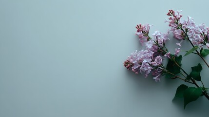 Poster - Delicate lilac spring buds showcase their beauty in full bloom, isolated against a soft gray background, providing ample copy space for creative projects and designs