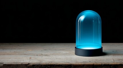 Poster - A glowing sapphire dome light sits on a rustic wooden table, casting a soft light in a dark setting, creating a warm and inviting atmosphere with ambient glow