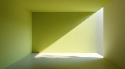 Poster - A high angle captures a lime green wall casting a sharp diagonal shadow in a sleek, clean room with minimal decor, highlighting bold design elegance