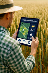 farmer on cereal field using digital tablet and precision farming mobile app