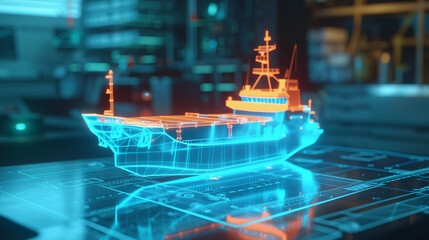 Poster - This hologram of a ship is shown in a futuristic setting, highlighting advanced technology.