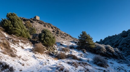 Aufkleber - Ancient stone citadel stands majestically on a hillside, embraced by snow-dusted pines under crisp winter light, offering a scenic view of the tranquil landscape