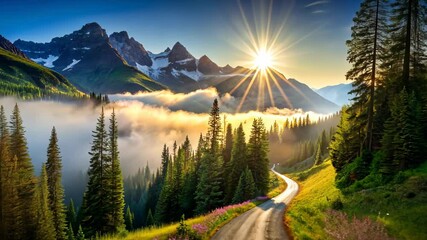 Poster - Sunrise Over the Mountain Road, a Scenic Drive Through Nature's Beauty