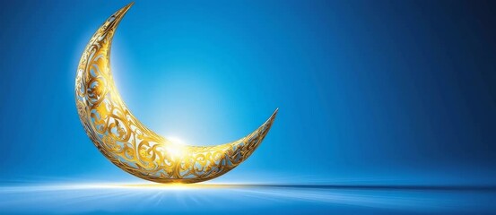 Wall Mural - a blue background with a yellow crescent moon. the moon is lit up by the sun. the image has a peacef