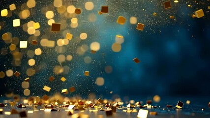 Poster - Golden confetti and glitter fall against a deep blue background. A festive, celebratory scene.
