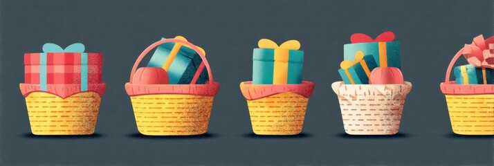 Aufkleber - Playful Artwork Features a Shopping Basket Evolving Into Various Gift Boxes, Showcasing Bright Colors and Cheerful Designs Ideal for Festive Occasions