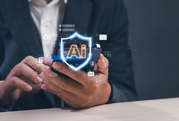 ai tech scam or cyber security warning concept, businessman using mobile phone showing data protecti