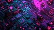 © fetmala - Close up view of a dark circuit board with neon pink and blue futuristic lighting, digital technology concept.