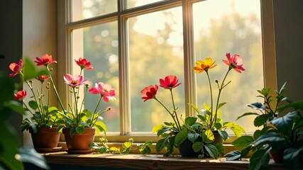 Poster - Potted plants with colorful flowers sit on a windowsill, illuminated by soft sunlight.