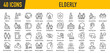 © iiierlok_xolms - Elderly web icons in line style editable stroke. Care, pension, senior, grandparents, wheelchair, doctor, alzheimer, caregiver, retirement, collection. Vector illustration.