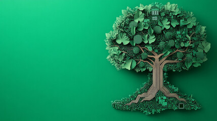 Paper cut illustration of tree with detailed leaves, branches, and roots, blending nature and technology elements, on green background, evoking harmony and creativity