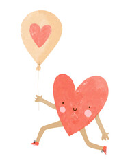Wall Mural - valentine's day vector card with happy heart holding romantic balloon. funny red heart ​​and coral b