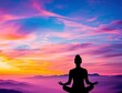 © foto.katarinka - Silhouette of Meditating Figure Against Vibrant Sunset Sky with Colorful Clouds and Majestic Mountain Range Evoking Peaceful Reflection and Inner Calm