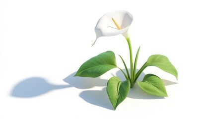 Wall Mural - Elegant and serene white calla lily flower with large green leaves blooming in natural environment  Minimal and clean floral photograph on plain white studio background