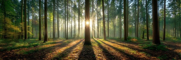  Sunlight streaming through a peaceful forest at sunrise