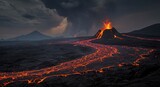 Volcanic Eruption at Night - A stunning nighttime view of a volcano erupting, with glowing lava flowing down its slopes. Dramatic clouds add to the scene's intensity