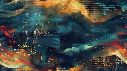 Abstract picture of neon light particle with digital technology style design connecting become dynamic of electric wave movement represent about flowing of data or structure of network system. AIG53.