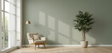A modern, minimalist living space with a neutral green mocca color palette, featuring a cozy armchair, floor lamp, wooden shelving with decorative plants, and a large potted tree for a natural touch.