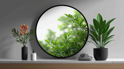 Wall Mural - reflection of nature: a circular mirror reflecting lush greenery, accompanied by a decorative plant 