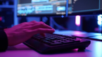 Typing on keyboard for programming and coding software development in dark room with blue light