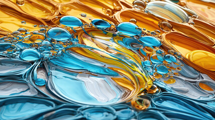 Wall Mural - Abstract blue and orange liquid texture with bubbles creating vibrant artistic effect