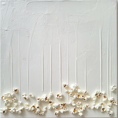 Aufkleber - Abstract popcorn art with textured white paint and popped kernels. The background features vertical lines and an artistic texture.