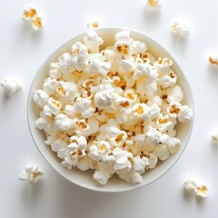 Aufkleber - Overhead view of a bowl full of fluffy, white popcorn with kernels scattered around the white surface, perfect for snacktime and enjoyment.