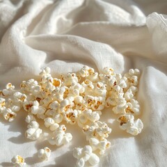 Poster - A delightful scattering of fluffy popcorn against a soft, light fabric backdrop, perfect for snacking moments.