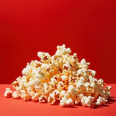 Poster - A heap of fluffy, freshly popped corn, illuminated against a vibrant red backdrop, invites a cinematic snack experience.