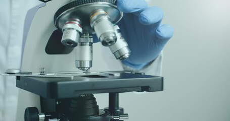 Wall Mural - close-up of biologist gloved hands using microscope in sterile laboratory. vibrant blue gloves highl