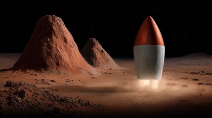 Wall Mural - a futuristic spacecraft launching on a dusty martian landscape.