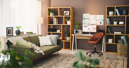 Aufkleber - Empty, home office and tech for workstation, furniture and couch for comfort in room, web and apartment. House, internet and monitor for remote work, minimal and connection in workspace or online
