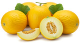A group of whole yellow melons with green leaves, isolated on a white background, with one cut melon