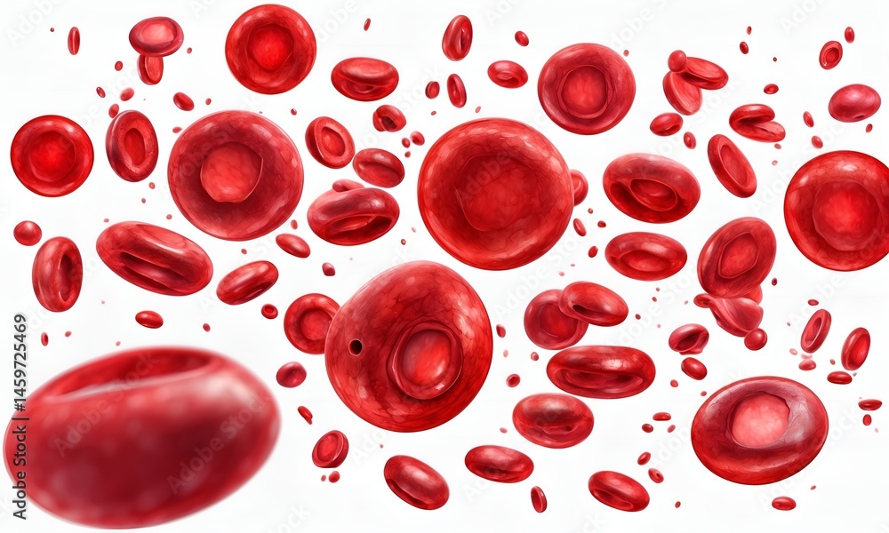 Blood Float Numerous red blood cells float against a white background. They are ...