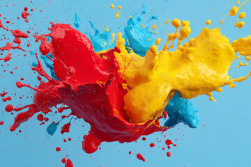 Fototapete - Red, yellow, blue paint splash on light-blue background Dynamic vibrant colors, suggesting energy, creativity, and artistic expression
