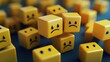 © Johannes - Customer pain points analysis concept with yellow cubes showing sad faces, representing dissatisfaction in financial product services, aimed at product improvement and development, business, research