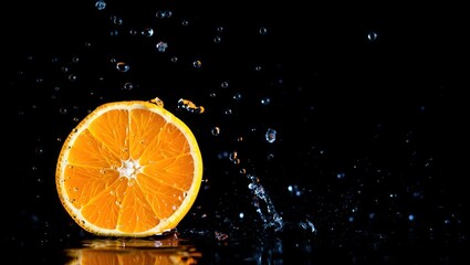 Fototapete - A slice of orange falling into water, creating droplets.