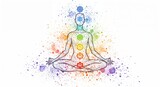 Human silhouette meditating with rainbow chakra system