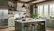 © f_bossa - This interior photograph showcases a modern farmhouse kitchen with sage green cabinetry, white marble countertops, exposed wooden beams, and brass accents, creating a warm and inviting atmosphere.