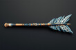 © Sansha Creation - Ornate tribal arrow with intricate patterns and blue feathers, displayed horizontally on a dark background, showcasing cultural art and craftsmanship.