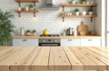 Aufkleber - Empty wooden table top with blurred kitchen interior. Table foreground for product display montage. Home kitchen design with white brick wall. Clean modern interior, wood counter.
