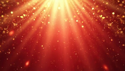 Poster - Abstract red background with golden bokeh lights and golden rays. Festive design, perfect for celebrations, holidays, special events. Bright, elegant, luxury design with shimmer, glow, magical vibe.