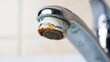 © Ivan - Close-up view of a water faucet showing significant mineral deposits and rust accumulation, indicating a need for cleaning and maintenance in a home bathroom environment