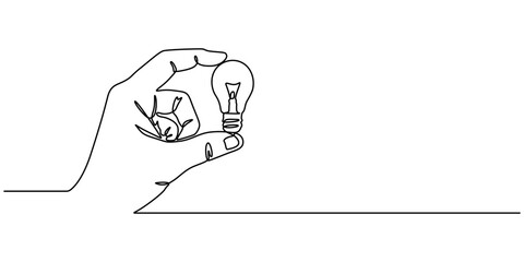 Wall Mural - one line drawing of hand holding a light bulb. symbol of creativity and invention, continuous line d
